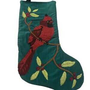 Hand-Embroidered Green Velour Christmas Stocking w/Cardinal Redbird & Holly EUC